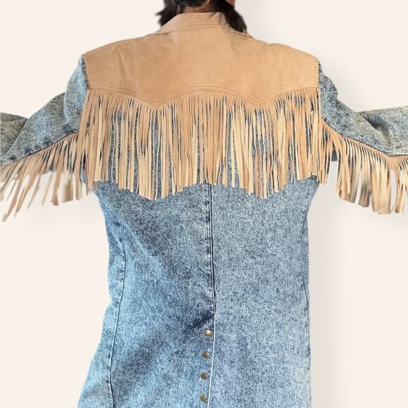 VTG Western Heavy Weight Acid Washed Denim Trench w/ Leather Fringe USA Made XL - Picture 10 of 16